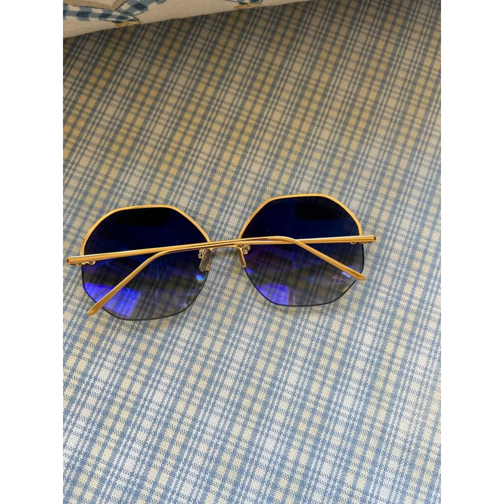 New LINDA FARROW Blue Gold Rimless Round Sunglasses